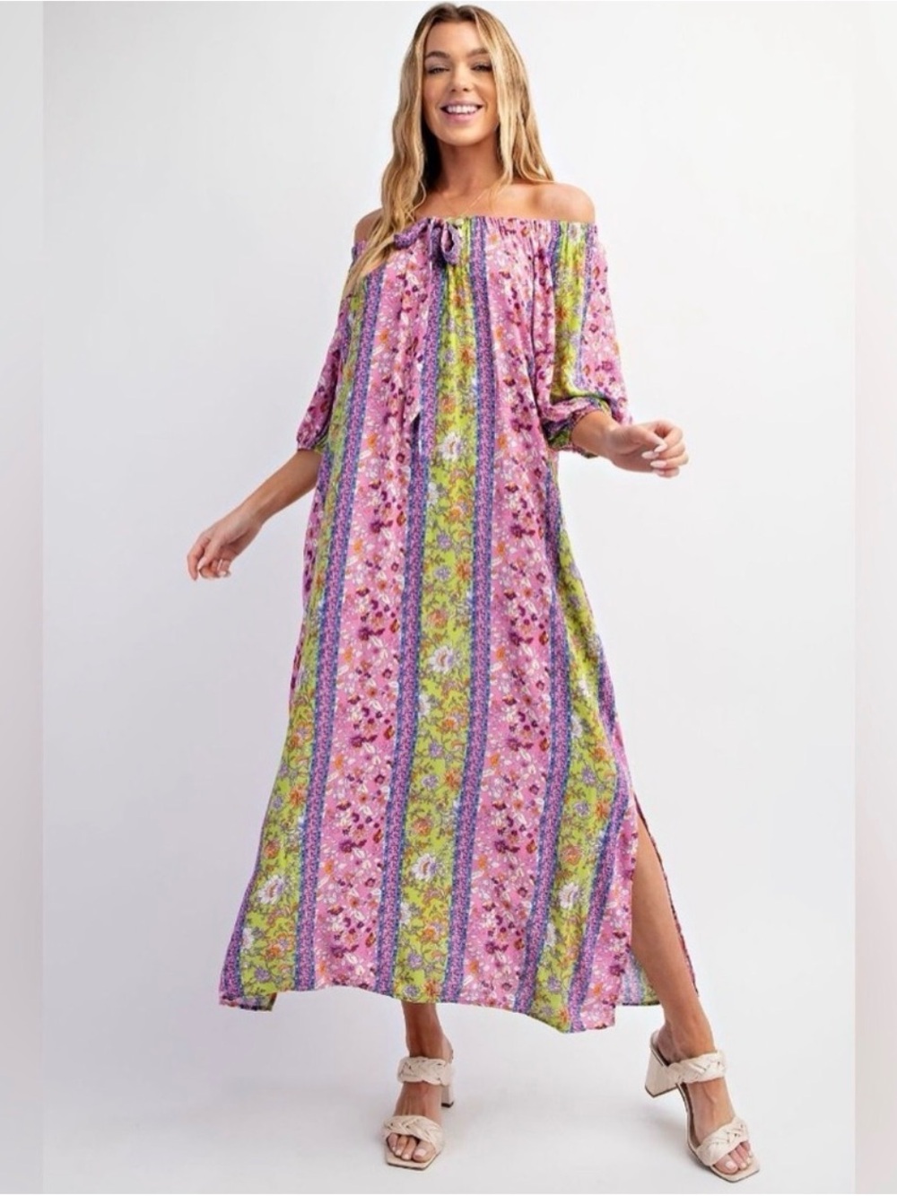 NWT Easel Pink Purple Green Floral Paisley Striped Off-Shoulder Maxi Dress - Picture 11 of 11